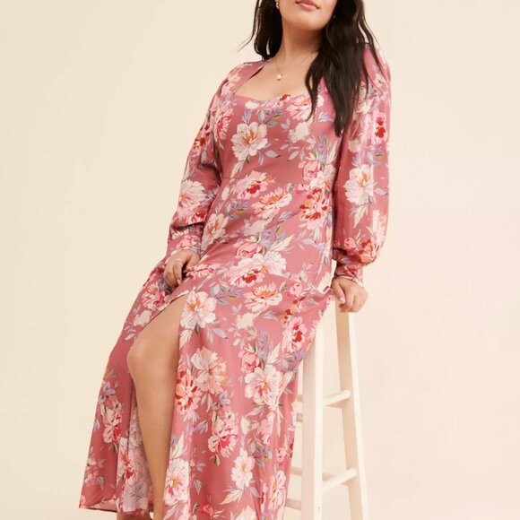 Yumi Kim Marlo Maxi Dress Long Sleeve Square Neck Floral Rose Pink Plus Size 3X - Picture 1 of 9